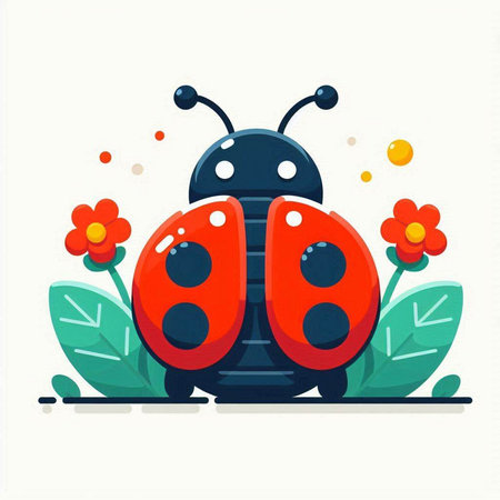 Cartoon ladybug with flowers on white background. Vector illustration.のイラスト素材