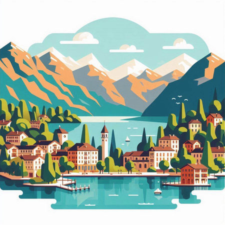 Landscape with lake, mountains and houses. Vector illustration in flat styleのイラスト素材