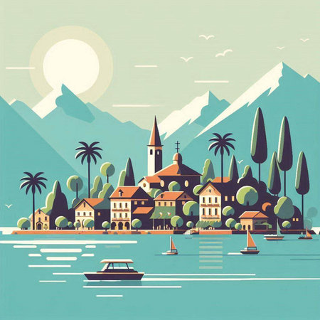 Village on the shore of Lake Garda. Italy. Vector illustrationのイラスト素材