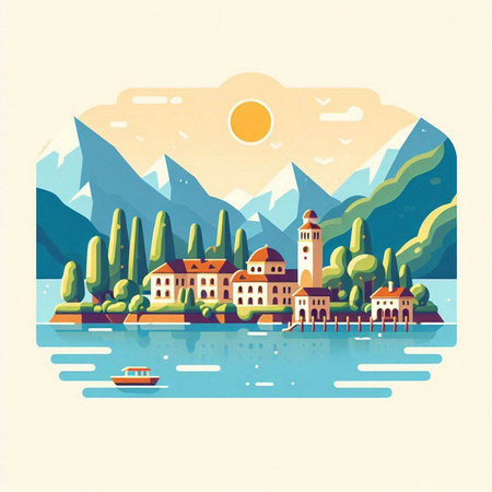 Bled, Slovenia. Landscape with mountains and lake. Vector illustration.のイラスト素材