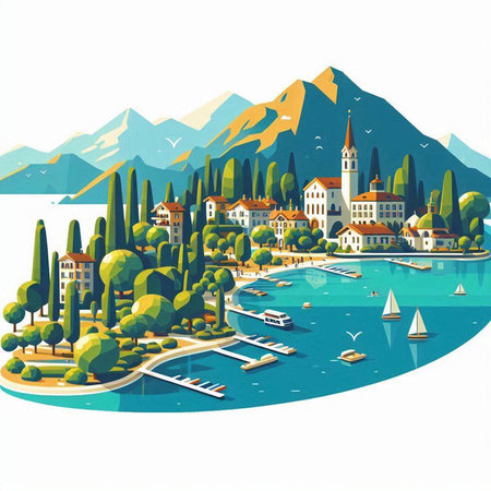 Lake Maggiore, Italy. Vector illustration in retro style.のイラスト素材