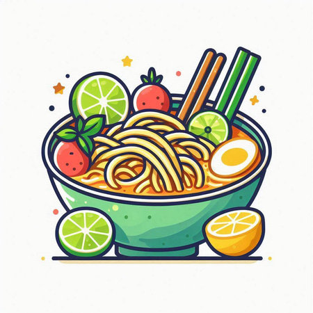 Noodles in bowl with chopsticks and lime. Vector illustration.のイラスト素材