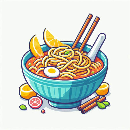 Bowl of noodle soup with chopsticks and lemon. Vector illustrationのイラスト素材