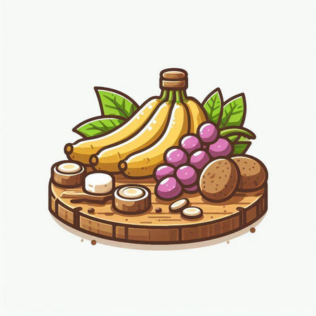 Vector illustration of fresh fruits on wooden board. Isolated on white background.のイラスト素材