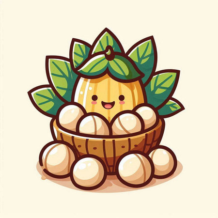 Illustration of a cute melon in a basket with eggs.のイラスト素材