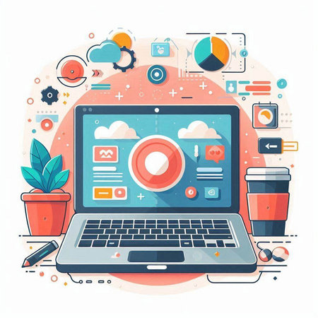 Laptop with social media icons on screen. Flat vector illustration.のイラスト素材