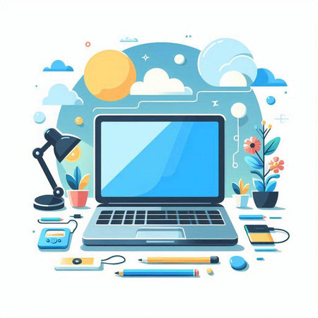 Flat design modern vector illustration concept of online education, remote work, e-learning, distance learning. Laptop with blank screen on the background of the sky.のイラスト素材