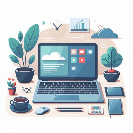 Flat design modern vector illustration concept of cloud computing technology. Laptop with web application on the screen, coffee cup, plant in pot, calculator, keyboard, pencil, tablet, phone.のイラスト素材
