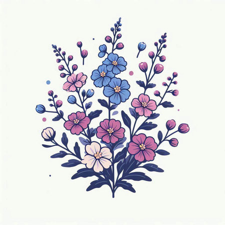Hand drawn floral bouquet with pink and blue flowers. Vector illustration.のイラスト素材