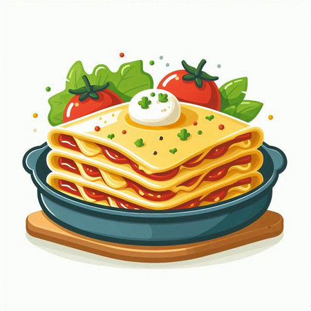 Illustration of lasagna with tomato and mozzarella on a plateのイラスト素材