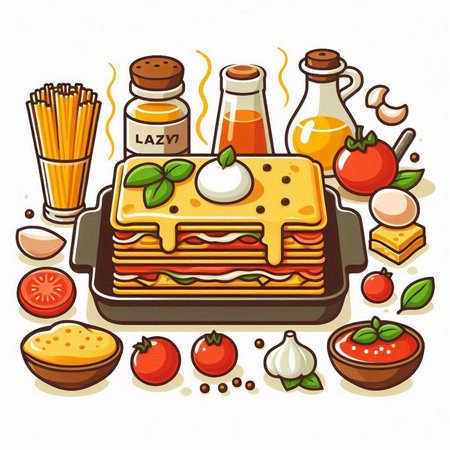 Illustration of a homemade lasagna with ingredients in the background.のイラスト素材