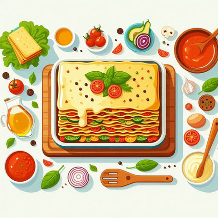 Illustration of lasagna on wooden board with ingredients for cooking.のイラスト素材