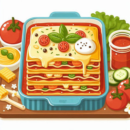 Illustration of a lunch box with lasagna, tomato sauce and cheeseのイラスト素材