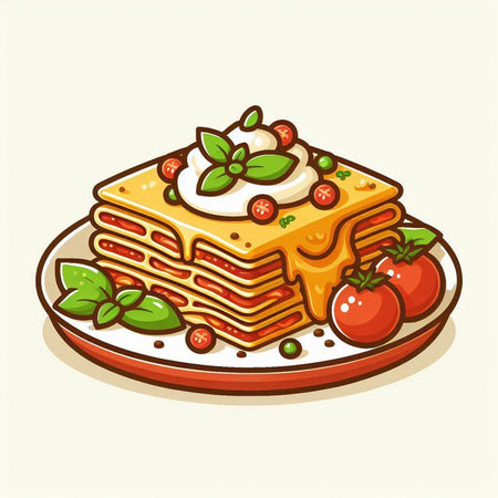 Illustration of a stack of lasagna with tomato and basil on a plateのイラスト素材
