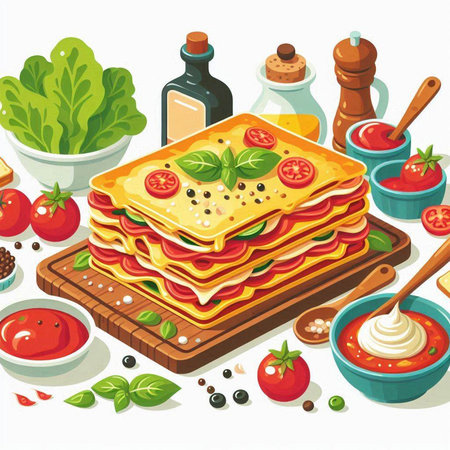 Illustration of lasagna with tomato, mozzarella and basilのイラスト素材