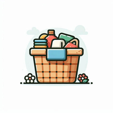 Wicker basket full of cleaning products. Vector illustration on white background.のイラスト素材