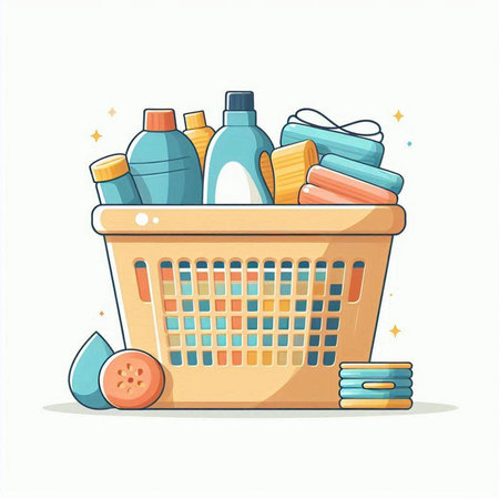 Basket with cleaning products. Vector illustration in flat cartoon style.のイラスト素材