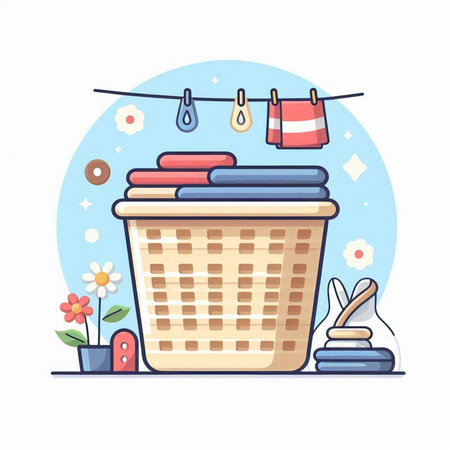 Laundry basket with clothespins, towels and flowers. Vector illustrationのイラスト素材