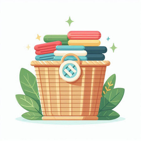 Laundry basket with towels. Vector illustration in cartoon style.のイラスト素材