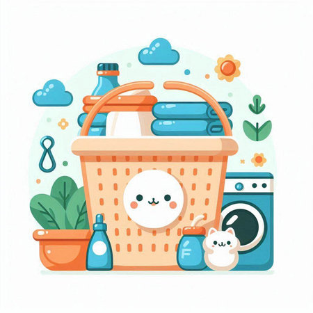 Laundry basket with cleaning supplies. Vector illustration in flat styleのイラスト素材