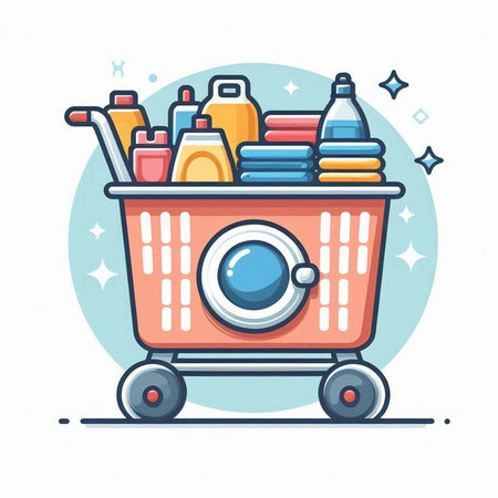 Shopping cart with cleaning products. Vector illustration in flat style.のイラスト素材