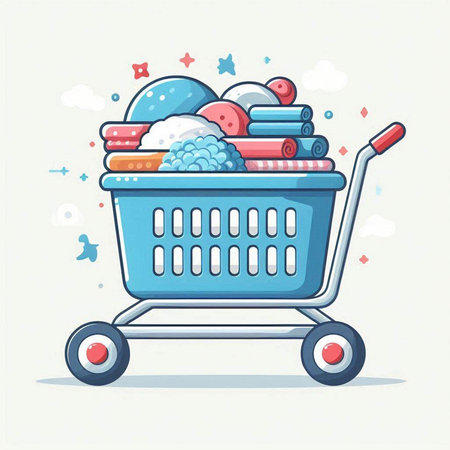Cartoon illustration of a shopping cart full of clothes. Vector illustration.のイラスト素材