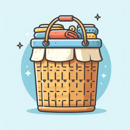 Wicker basket with towels. Vector illustration in flat cartoon style.のイラスト素材