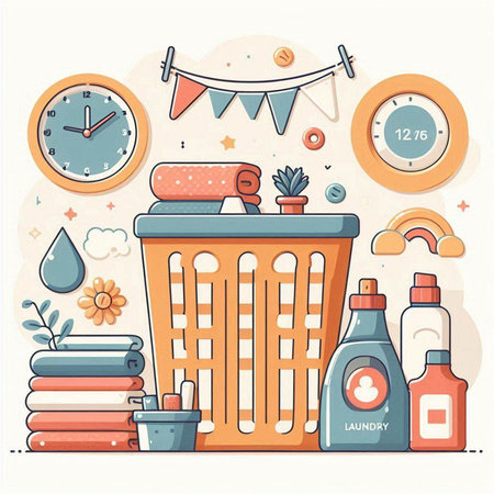 Basket with cleaning products. Cleaning service. Vector illustration.のイラスト素材