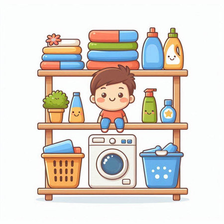 Cute little boy with washing machine and cleaning products. Vector illustration.のイラスト素材