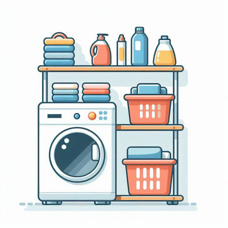 Laundry room with washing machine and basket. Vector illustration.のイラスト素材