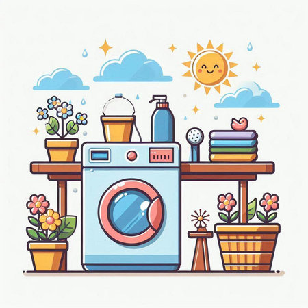 Laundry room with washing machine and basket of flowers. Vector illustration.のイラスト素材