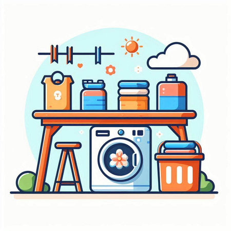 Laundry room flat line vector illustration. Laundry service concept.のイラスト素材