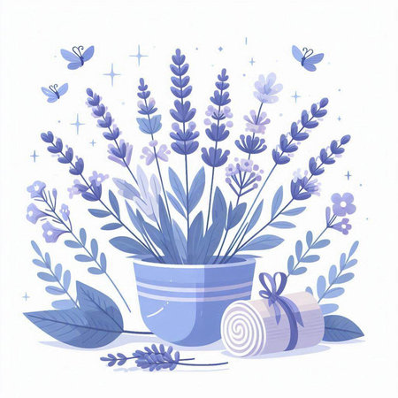 Vector illustration with lavender flowers in vase. Flat style.のイラスト素材