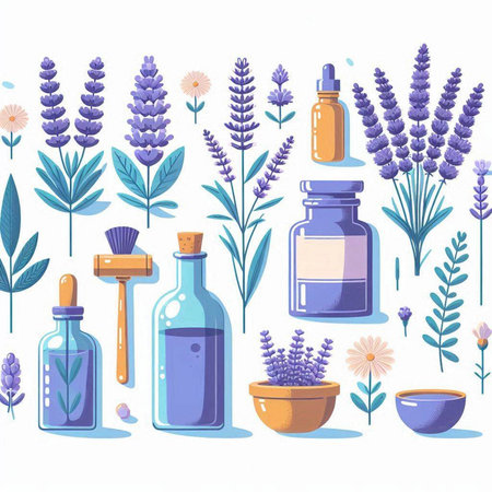 Lavender essential oil in glass bottles, lavender flowers and herbs. Vector illustration.のイラスト素材
