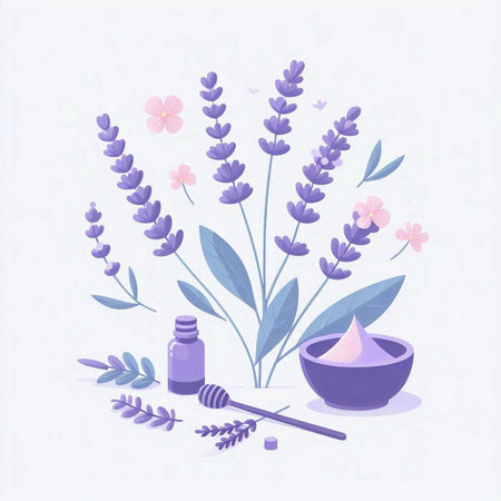 Lavender essential oil and lavender flowers. Vector illustration.のイラスト素材