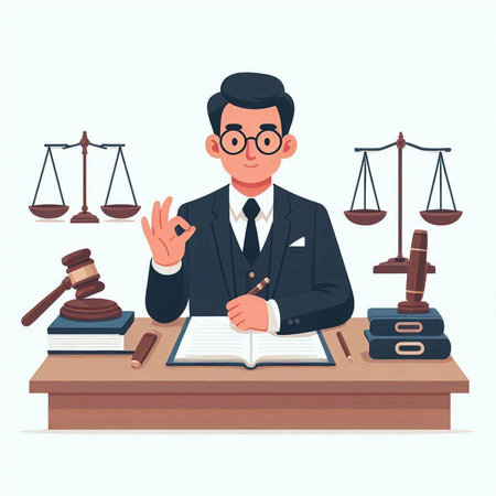 Lawyer sitting at his desk. Vector illustration in cartoon style.のイラスト素材