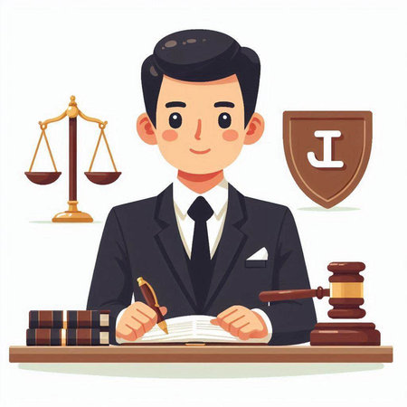 Lawyer working with law books and gavel. Vector illustration.のイラスト素材