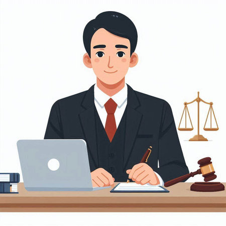 Lawyer working at his desk. Vector illustration in cartoon style.のイラスト素材