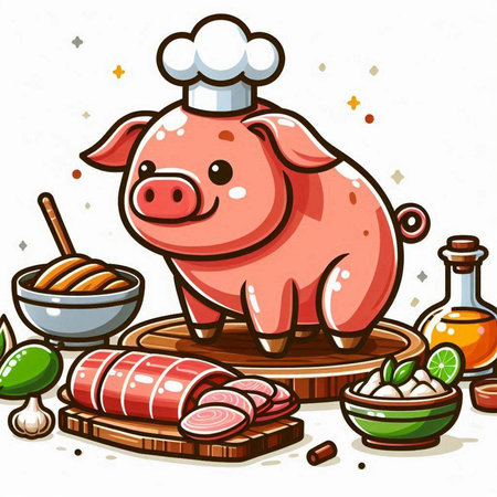 Illustration of a Pig in a Chef Hat and Cooking Ingredients Aroundのイラスト素材