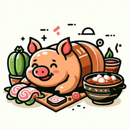 Illustration of cute pig in japanese restaurant, vector illustrationのイラスト素材