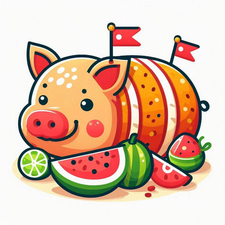 Funny pig with watermelon on white background. Vector illustration.のイラスト素材