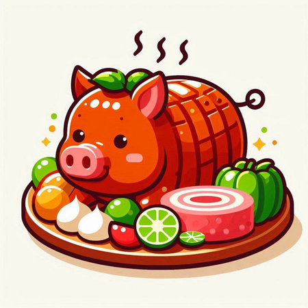 Illustration of a pig with vegetables on a plate. Vector illustrationのイラスト素材