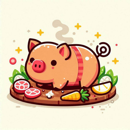Illustration of a cute pig lying on a wooden cutting board.のイラスト素材