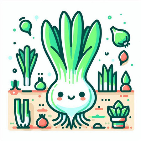 Cute green onion in pot. Vector illustration in flat style.のイラスト素材