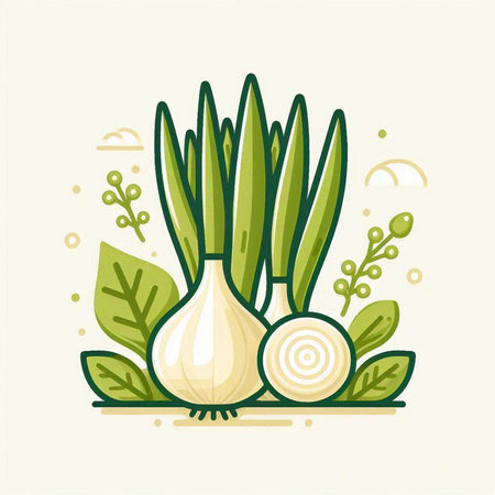 Illustration of onion with green leaves. Vector illustration in flat style.のイラスト素材