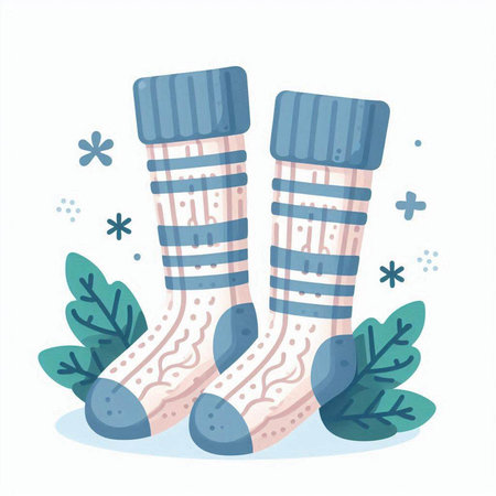 Vector illustration of a pair of socks with a pattern and leaves.のイラスト素材