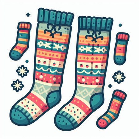 Vector illustration of Christmas socks with snowflakes on white background.のイラスト素材