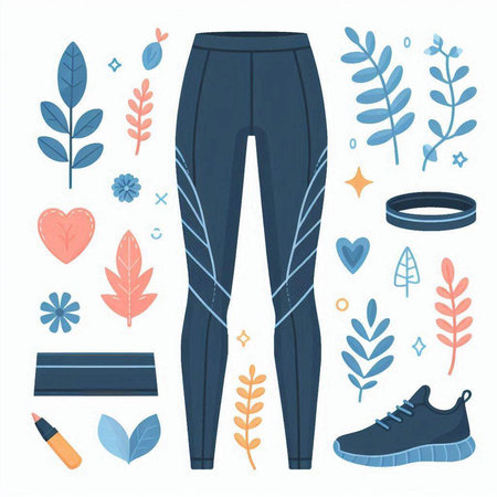 Vector set of sport leggings and accessories. Illustration in flat style.のイラスト素材