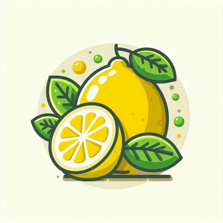 Lemon with leaves and slices. Vector illustration in flat style.のイラスト素材