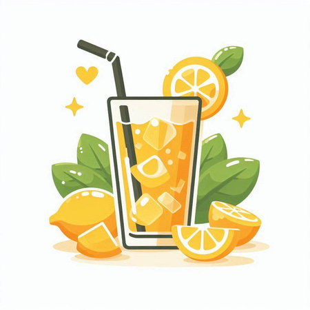 Lemonade with ice and lemon on a white background. Vector illustration.のイラスト素材